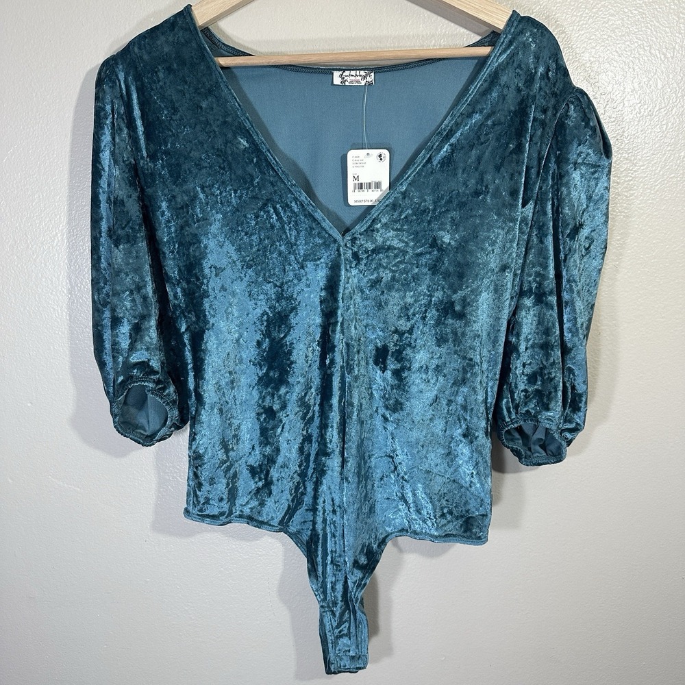 Free People Women's M Don't You Wish Bodysuit Top Teal Velvet Deep V Neck NEW